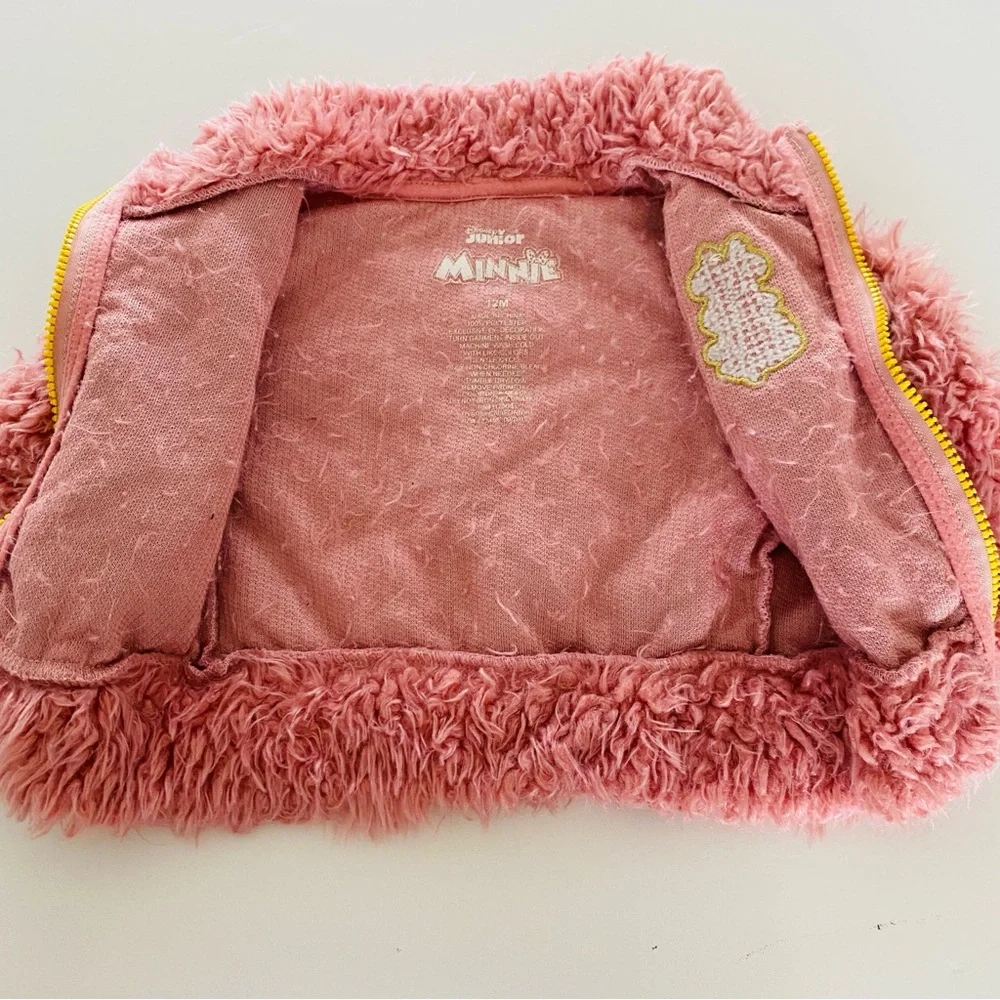 Disney Junior Minnie Mouse Jacket 12 Months Pink Fuzzy Sherpa Embroidered Patch